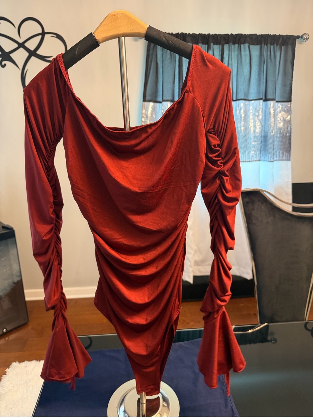 SHEIN Crimson Ruched Long-Sleeve Bodycon Dress - Picture 3 of 6
